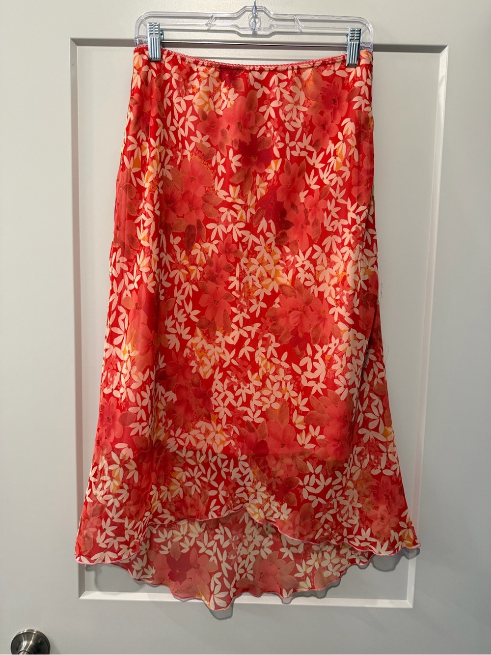 La Femme Red and Cream High-Low Floral Skirt